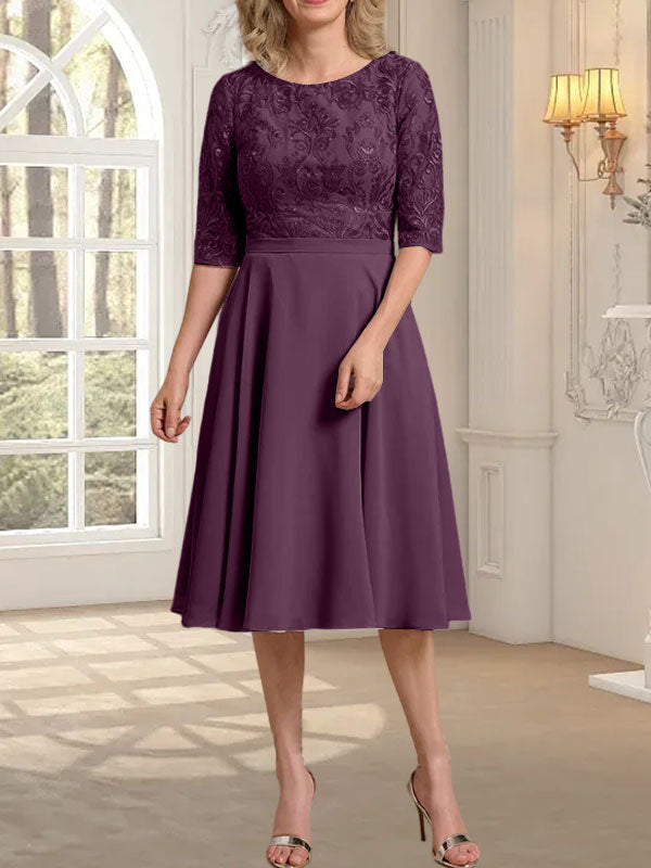 Vestido de novia de gasa de encaje, corte en A, escote redondo y largo hasta la rodilla.