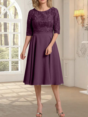 A-line Scoop Knee-Length Lace Chiffon Mother of the Bride Dress