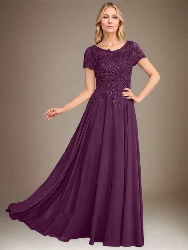Vestido de corte A, escote redondo, largo hasta el suelo, de gasa, para la madre de la novia, con apliques y lentejuelas. 