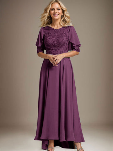 A-line Scoop Illusion Asymmetrical Chiffon Lace Mother of the Bride Dress With Beading