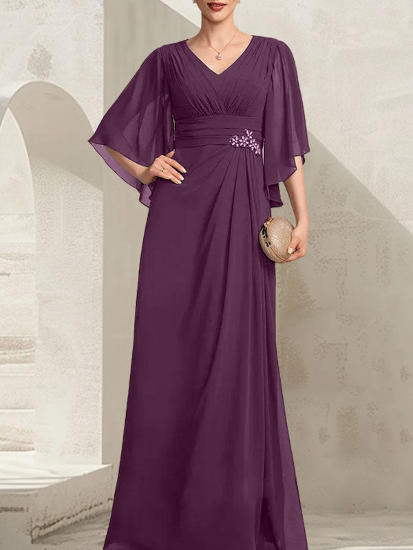 Vestido de corte recto/columna, escote en V, largo hasta el suelo, de gasa, para la madre de la novia, con lentejuelas plisadas y pedrería.