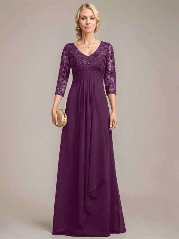 Vestido de novia de corte línea A, escote en V, largo hasta el suelo, de gasa de encaje con volantes en cascada y lentejuelas. 