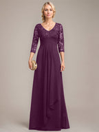 Vestido de novia de corte línea A, escote en V, largo hasta el suelo, de gasa de encaje con volantes en cascada y lentejuelas. 
