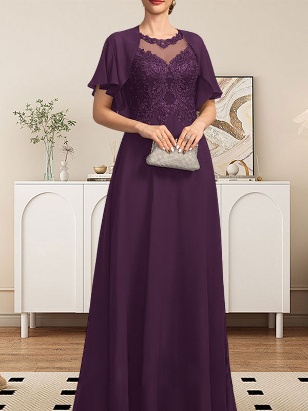 Robe de mère de la mariée en mousseline de dentelle, coupe trapèze, décolleté illusion, longueur au sol, ornée de sequins