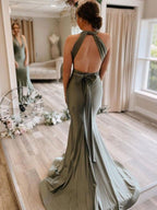 Gray Green Satin Mermaid Bridesmaid Dresses With Sweep Train  BD089