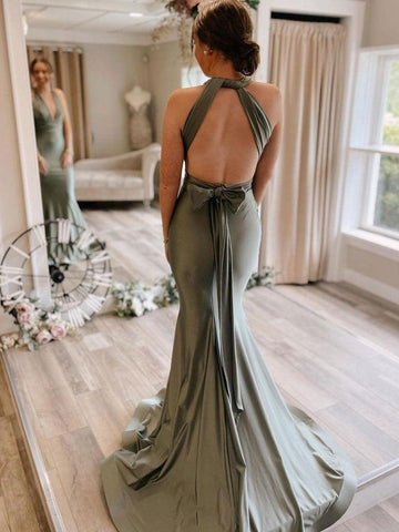 Robe de demoiselle d'honneur sirène en satin gris-vert avec traîne balayée BD089