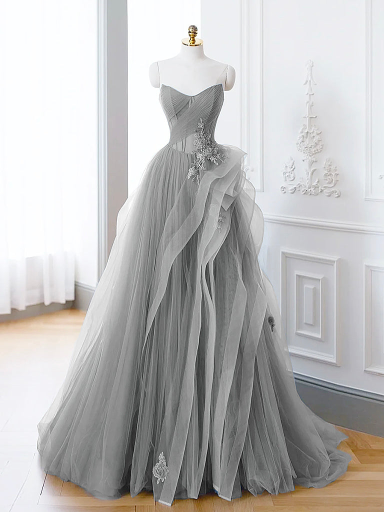 Vestido largo de fiesta de encaje con hombros descubiertos y corte en A