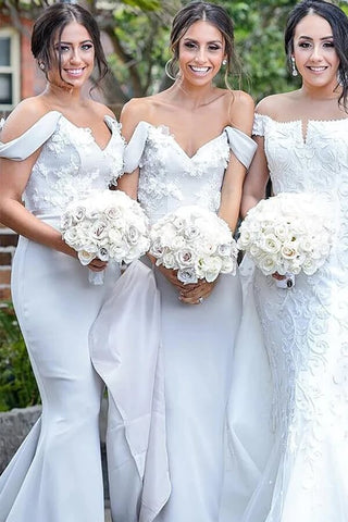 Gray Satin Mermaid Off-the-Shoulder Lace Appliques Bridesmaid Dress