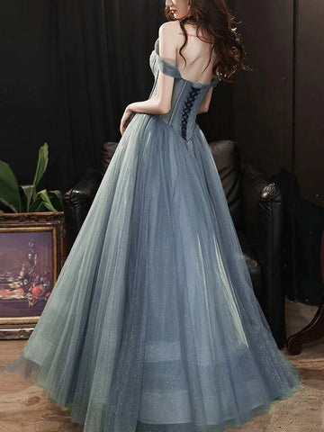 Gray Tulle A-line Off-the-Shoulder Long Prom Dresses, Evening Gowns
