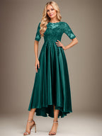 Robe de mère de la mariée asymétrique en satin stretch dentelle et dentelle, coupe trapèze, effet illusion, ornée de sequins 