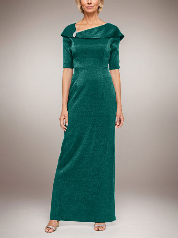 Vestido largo columna brillante con puño doblado, escote en L y mangas al codo
