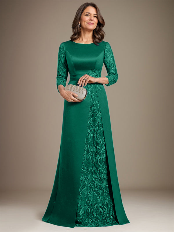 Vestido de novia de corte A, escote redondo, largo hasta el suelo, de satén de encaje, con apliques, para la madre de la novia. 