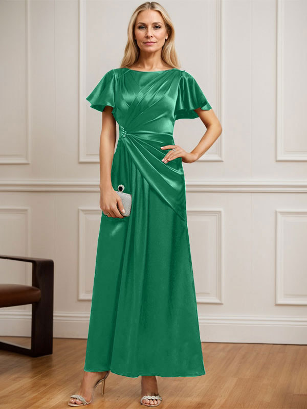 Robe de mère de la mariée en satin stretch, coupe trapèze, longueur cheville, décolleté rond et ornée de perles plissées 