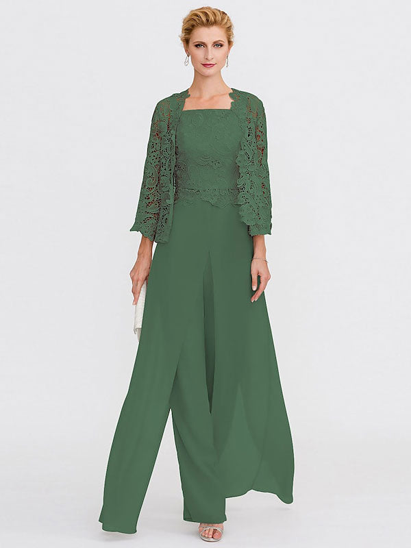 Traje pantalón de chifón de tres piezas con escote cuadrado y chaqueta para la madre de la novia 