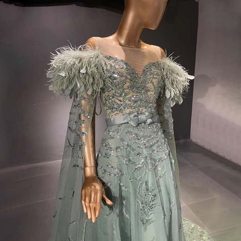 Robe de soirée luxueuse à manches cape vertes, 2025, perles et plumes, élégante pour femme, LA71521 