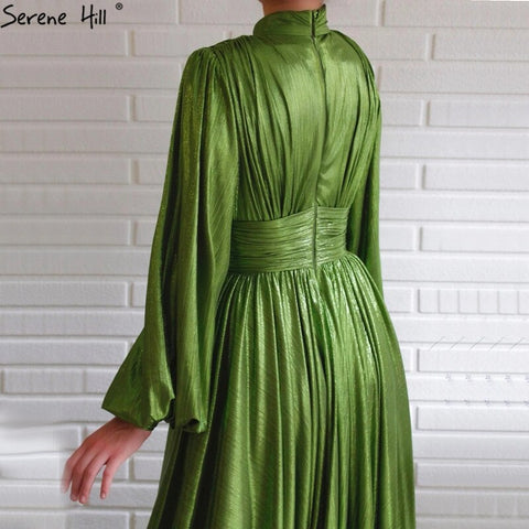 Sale Green Satin A-Line Sexy Simple Evening Dresses 2025 Long Sleeves Silk Formal Evening Gowns LA70554