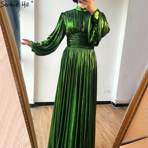 Sale Green Satin A-Line Sexy Simple Evening Dresses 2025 Long Sleeves Silk Formal Evening Gowns LA70554