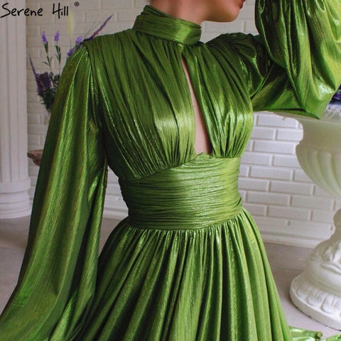 Sale Green Satin A-Line Sexy Simple Evening Dresses 2025 Long Sleeves Silk Formal Evening Gowns LA70554