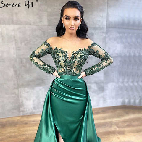 Robe de soirée sirène sexy à manches longues et jupe amovible en satin vert, modèle LA70343, 2025 