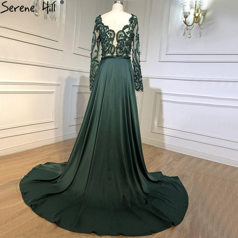 Robe de soirée sirène sexy à manches longues et jupe amovible en satin vert, modèle LA70343, 2025 