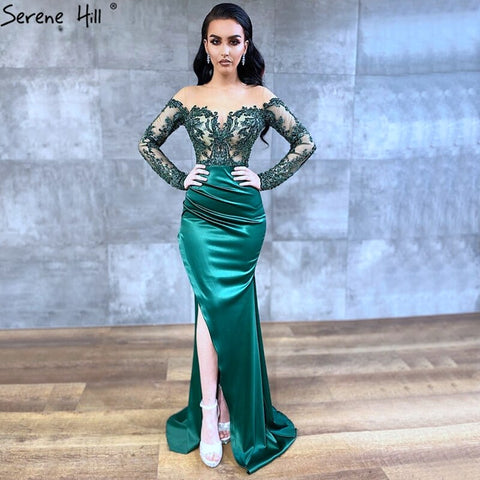 Robe de soirée sirène sexy à manches longues et jupe amovible en satin vert, modèle LA70343, 2025 