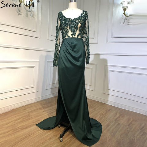 Robe de soirée sirène sexy à manches longues et jupe amovible en satin vert, modèle LA70343, 2025 