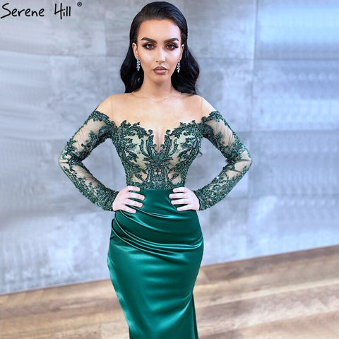 Robe de soirée sirène sexy à manches longues et jupe amovible en satin vert, modèle LA70343, 2025 