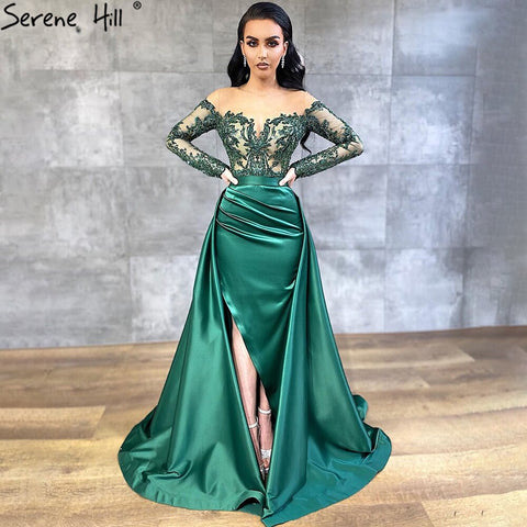 Robe de soirée sirène sexy à manches longues et jupe amovible en satin vert, modèle LA70343, 2025 