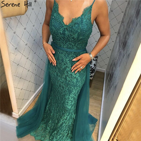 Robe de soirée sirène verte en dentelle et perles, tenue de soirée sexy sans manches, col en V, tulle, photo réelle, LA70064, 2025 