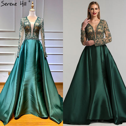 Robe de soirée longue en satin vert à col en V et manches longues avec perles, disponible en solde, sans retour ni remboursement, modèle 2025 LA6312 
