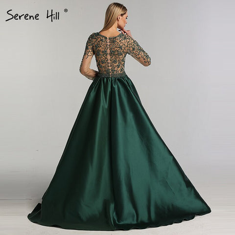 Robe de soirée longue en satin vert à col en V et manches longues avec perles, disponible en solde, sans retour ni remboursement, modèle 2025 LA6312 