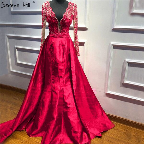 On Sale no return no refund Green V-Neck Satin Long Dresses Evening Long Sleeves Pearls Beading Evening Gowns 2025 LA6312