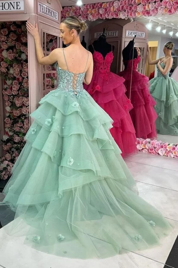 Ball Gown Sweetheart Ruffle Tiered Prom Dresses With Appliques