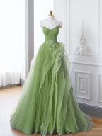 Vestido largo de fiesta de encaje con hombros descubiertos y corte en A