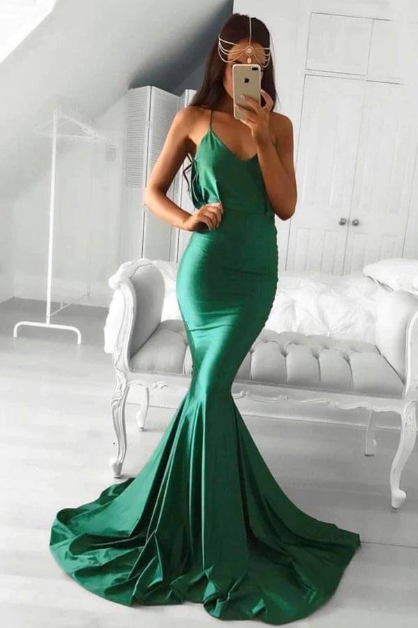 Vestidos de fiesta estilo sirena, de satén elástico, con escote en V y espalda descubierta.
