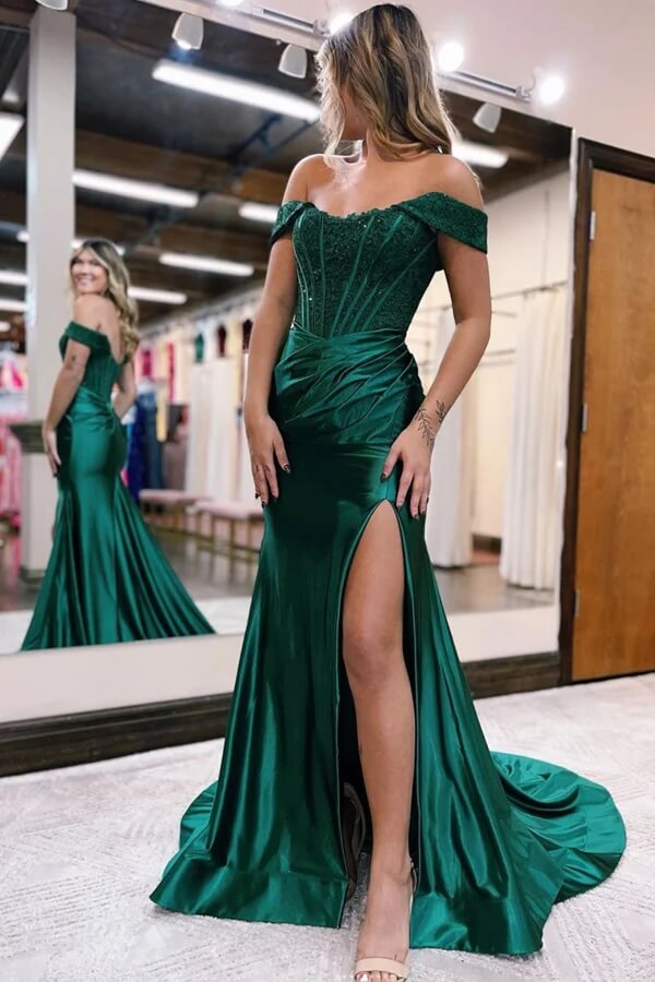 Vestidos de fiesta de sirena con hombros descubiertos, de satén y encaje, estilo sirena.