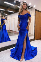 Vestidos de fiesta de sirena con hombros descubiertos, de satén y encaje, estilo sirena.
