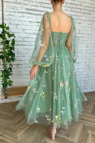Tulle A-line Tea Length Sweetheart Prom Dresses With Embroidery