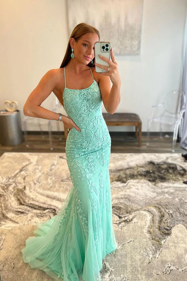 Vestidos largos de fiesta, vestidos de noche y vestidos de sirena con apliques de encaje y tul