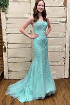 Vestidos de fiesta de sirena de tul con escote redondo y espalda con cordones
