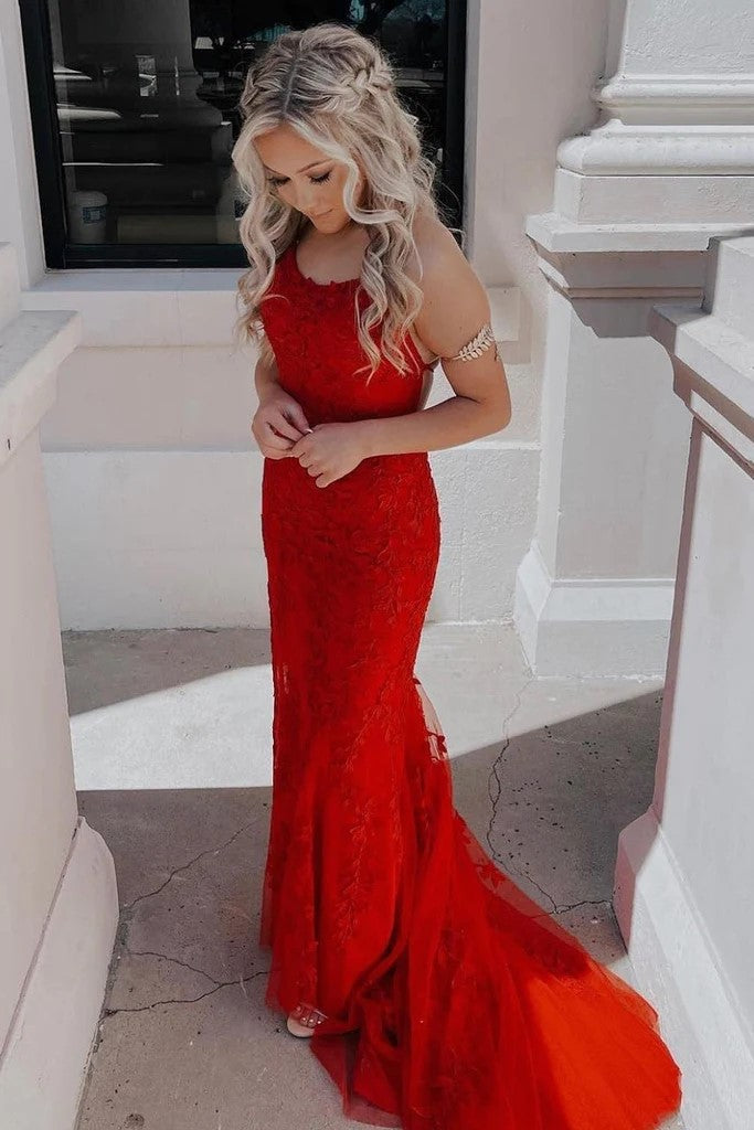 Green Tulle Mermaid Scoop Neck Lace Up Prom Dresses Evening Dresses