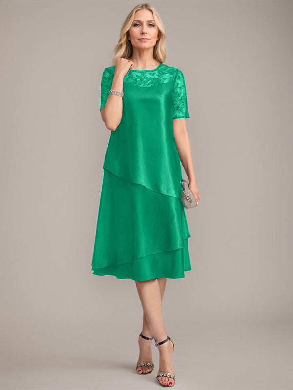 Vestido de corte A, escote redondo, largo hasta la rodilla, para la madre de la novia, con apliques y lentejuelas. 