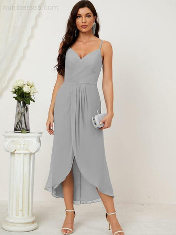 Vestido de dama de honor de gasa con escote en V y abertura media, vestido formal de fiesta, vestido de bienvenida 2803 