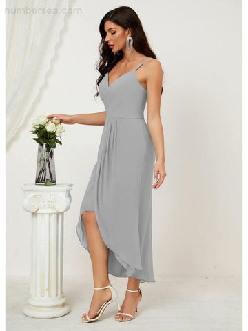 Vestido de dama de honor de gasa con escote en V y abertura media, vestido formal de fiesta, vestido de bienvenida 2803 