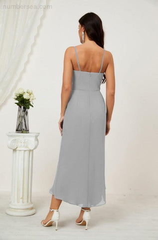 Vestido de dama de honor de gasa con escote en V y abertura media, vestido formal de fiesta, vestido de bienvenida 2803 