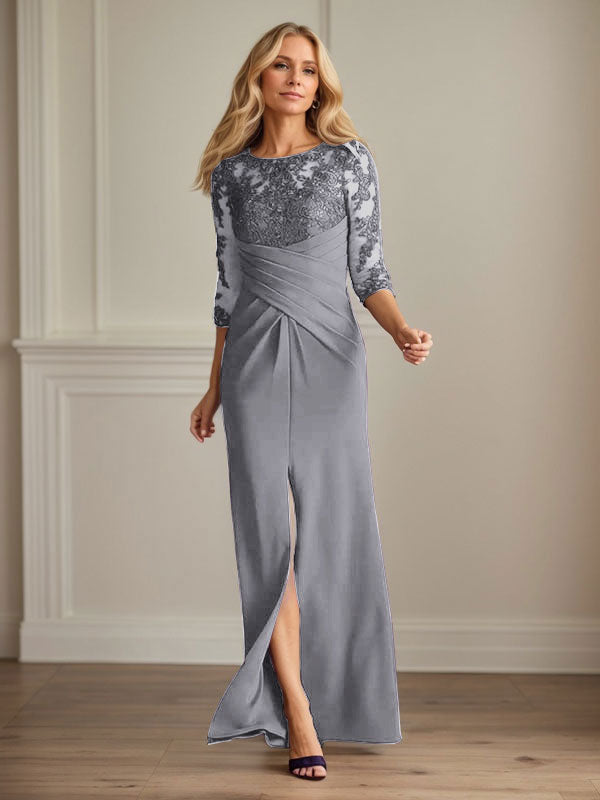 Vestido de madrina de la novia color ciruela, de encaje elástico y corte sirena. 