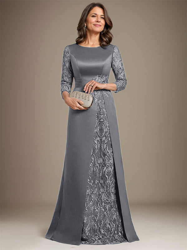Vestido de novia de corte A, escote redondo, largo hasta el suelo, de satén de encaje, con apliques, para la madre de la novia. 