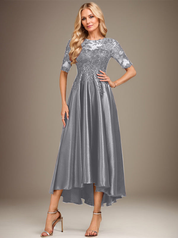 Vestido de madrina de la novia corte A, escote ilusión asimétrico, satén elástico con encaje y lentejuelas 