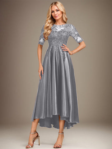 A-line Scoop Illusion Asymmetrical Stretch Satin Lace Mother of the Bride Dress With Sequins