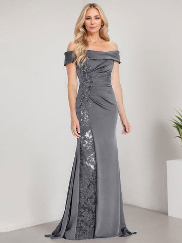 A-Line Off the Shoulder Floor-Length Mother of the Bride Dress Applique Beadings Mermaid Dress With  High Split